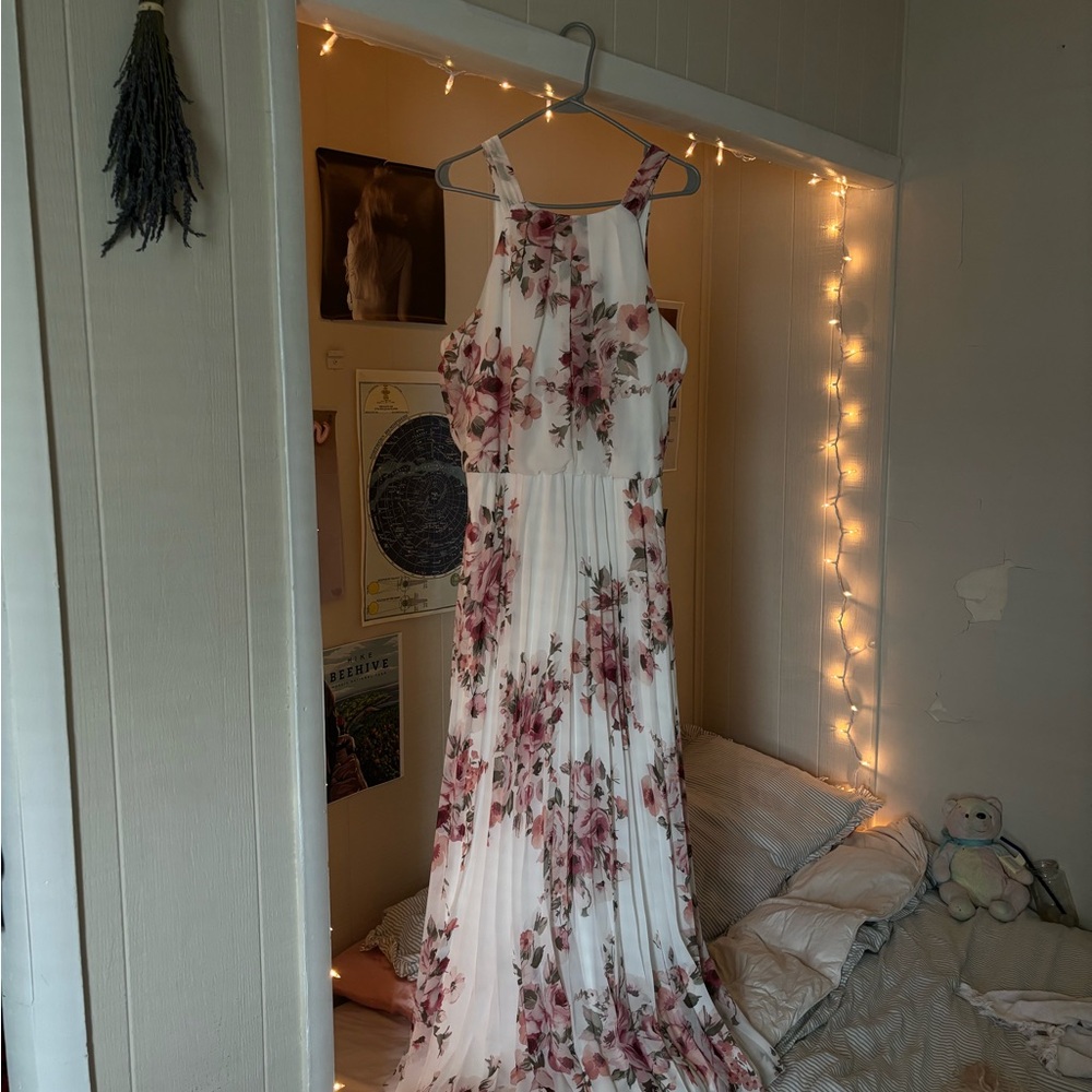 Premier Amour White Dress with Pink Floral Pattern